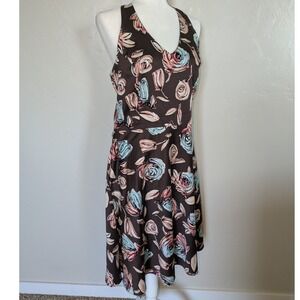 Lily Brown Floral Halter Dress XL‎ Fit & Flare Sleeveless Boho Retro Print Y2K